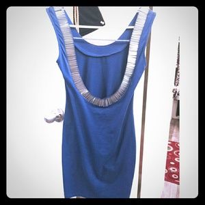 royal blue open back dress.
