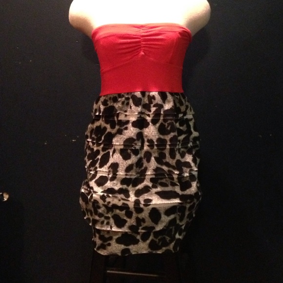 Strapless scarlet and animal print dress