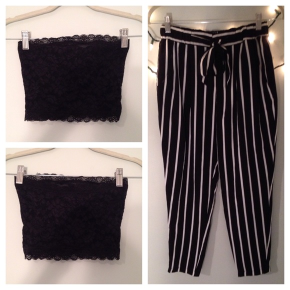 ❌SOLD❌ lace cropped top and B&W striped pants