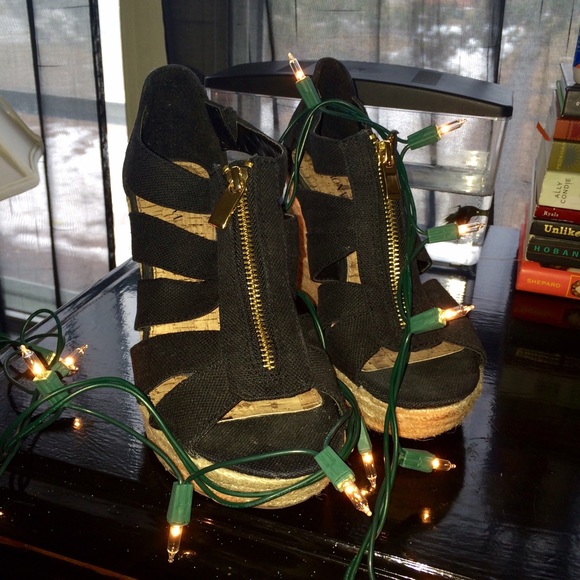 Zip up black wedge sandals 7.5