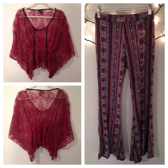 🎀Bundle🎀 Burgundy lace top and boho bellbottoms