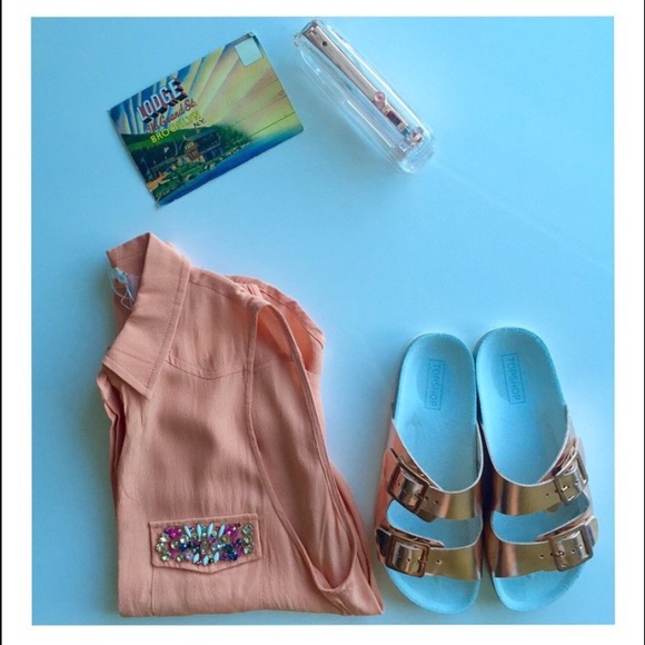 Melon Button up Top with Embelished Pocket