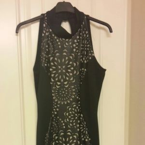 Laser cut nude and black halter dress