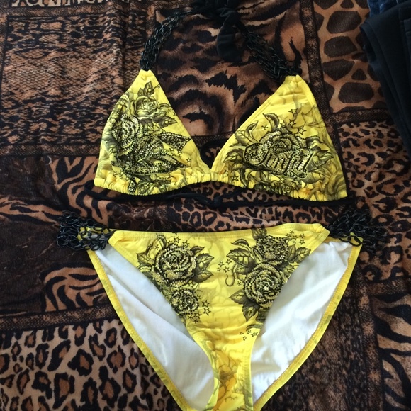 Sinful yellow swimsuit with chains