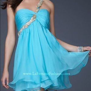 La femme 16060 Aqua gold short poly chiffon dress