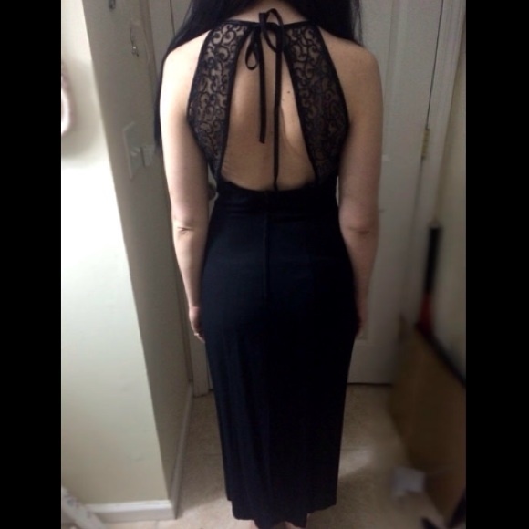 Long Black Beaded Open Back Gown