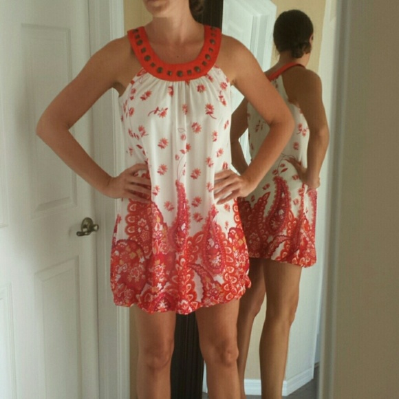 Orange, white, purple dress