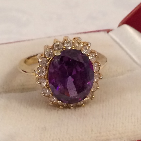 Amethyst Purple CZ Halo Gold Plated Ring