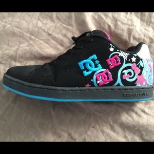 Black DC sneakers with blue & pink details