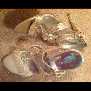 Gold snakeskin, clear stones. Jewelry on ur feet💍