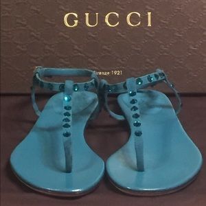 Gucci W's Dk Parrot Green T-Strap Sandals SZ 38.5