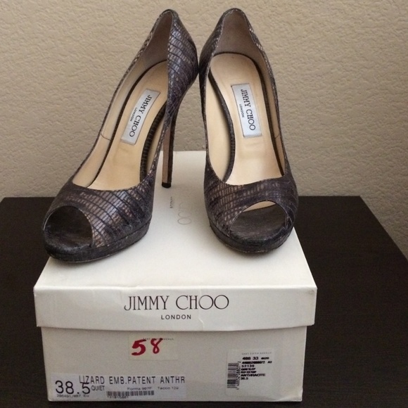 Jimmy Choo Lizard Emb. Patent Peep-toe Pump