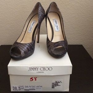 Jimmy Choo Lizard Emb. Patent Peep-toe Pump