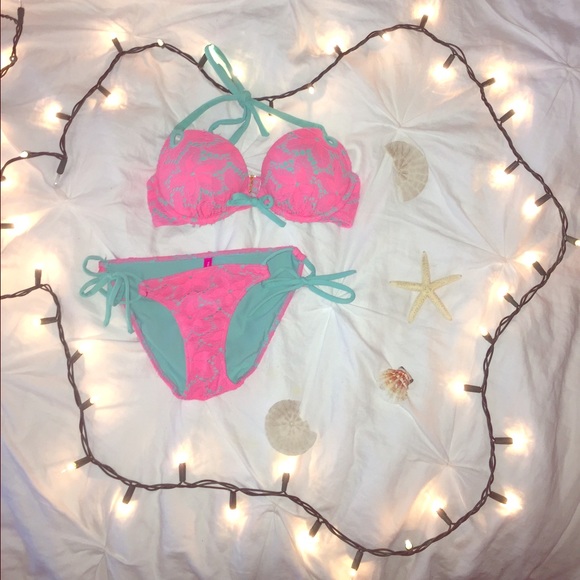 VS Coral Lace/Turquoise Push Up Top & Bottom
