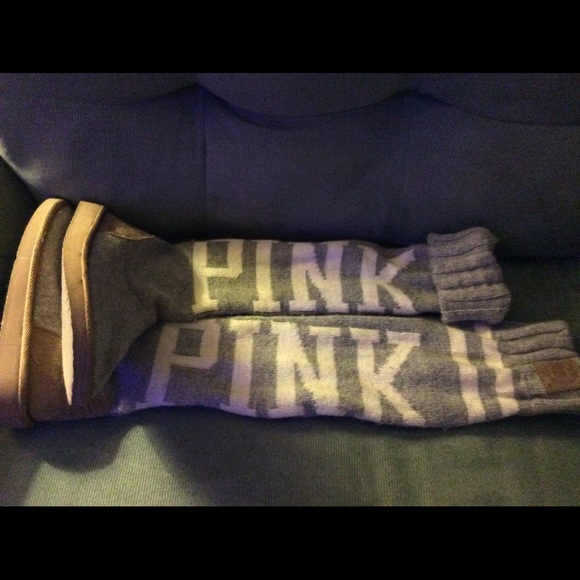 VS gray sweater boots with white lettering "PINK"