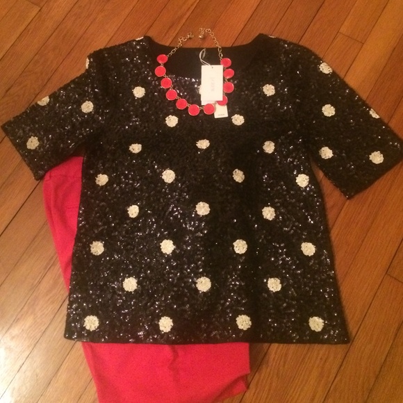 J Crew Sequined Black and White Polka Dot Top