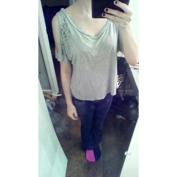 Grey Studded Cutout Shoulder Top