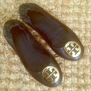 Tory Burch Black Leather Reva Logo Flats Size 8