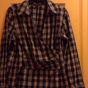 Black grey and white plaid blouse