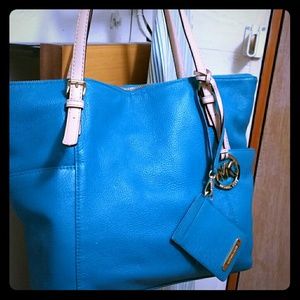 Teal & cream Michael Kors tote & card holder