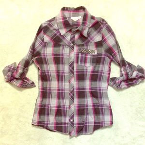 Black Grey and Pink Plaid Button Down