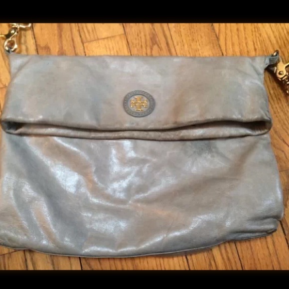 Tory burch grey leather flap city bag
