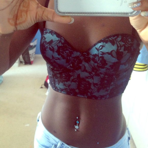 blue and black floral bra crop top