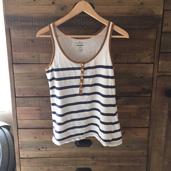 Navy and white striped tank with tan detail