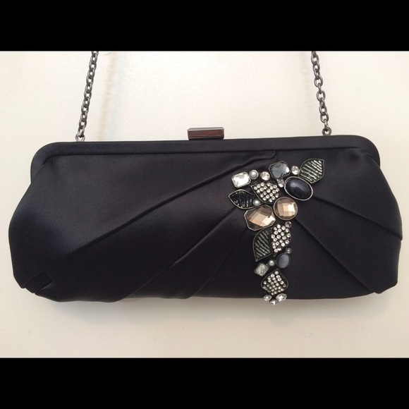 Embellished black satin evening bag
