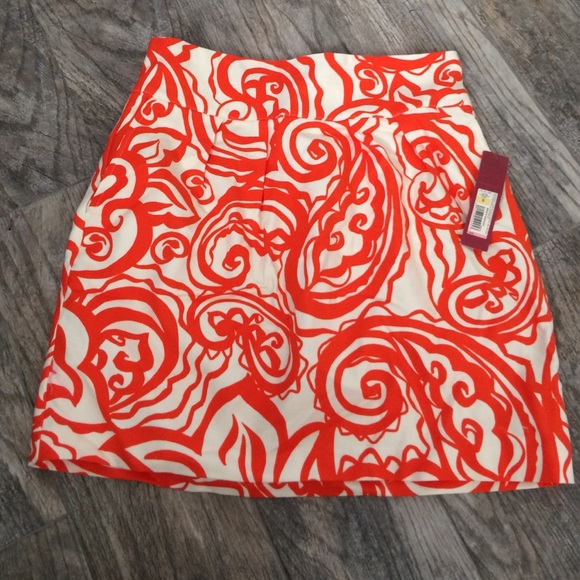 Orange and cream elastic waist skirt with pockets. - Picture 1 of 4