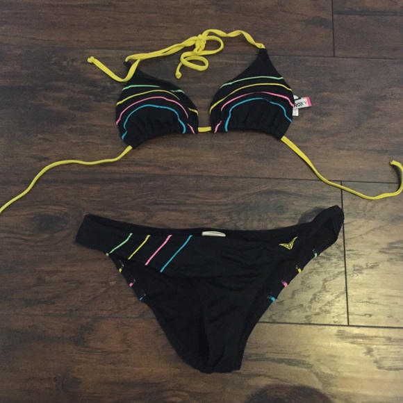 ROXY black bikini with colorful line design - Picture 1 of 2