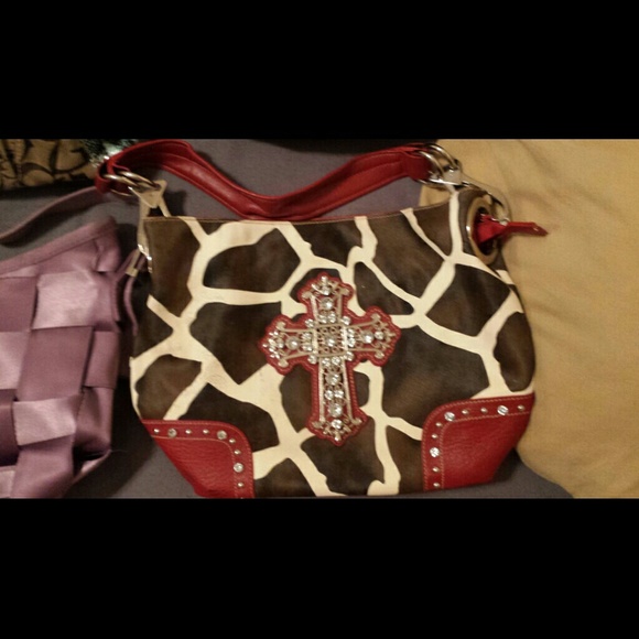 Giraffe print with red accent & bling cross purse