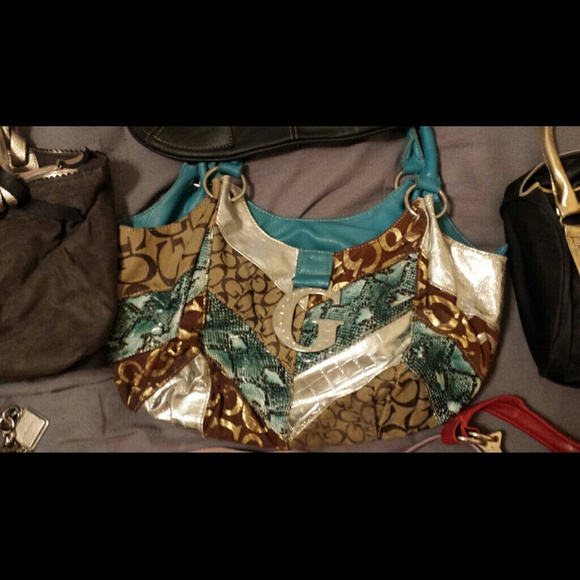 Multi brown, teal & silver purse