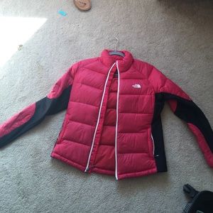 Pink and black north face coat