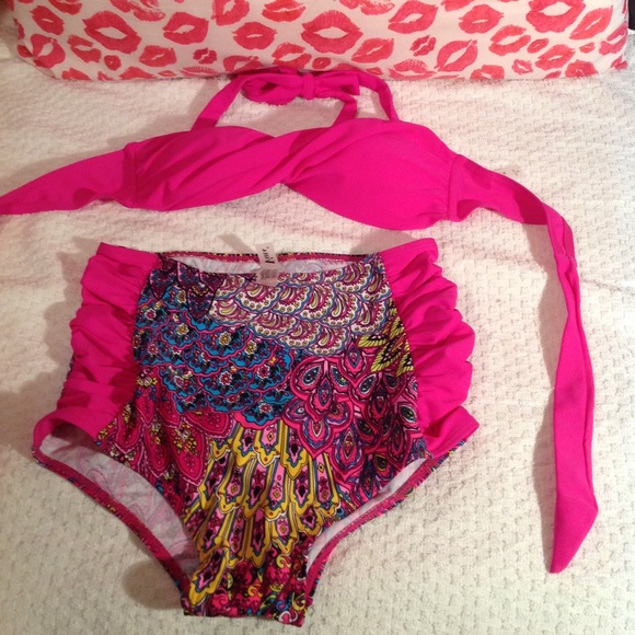 Pink high waist bathing suit