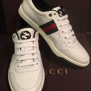 Gucci Low Top White Leather Sneakers Web Detail GG