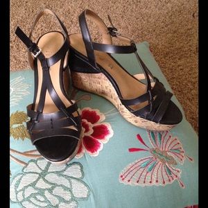 Unisa Black Strappy Wedge Sandals with Cork Heel