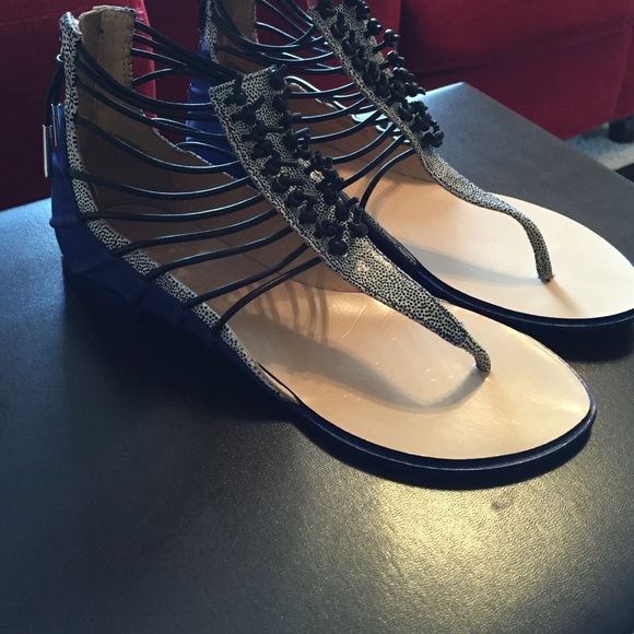 L.A.M.B. Blue Bicolor Leather Sueded Sandals