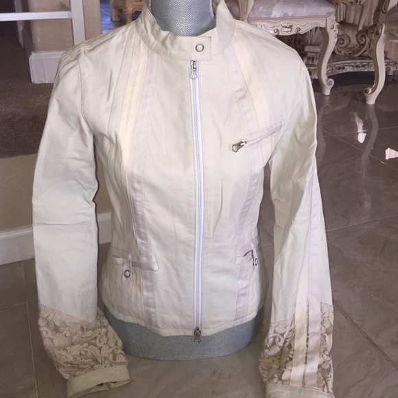 Custom made bone leather jacket with lace sleeves