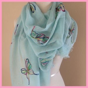 Embroidered Butterfly Scarf. Linen look