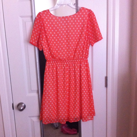 Orange and white polka dot chiffon dress - Picture 2 of 2