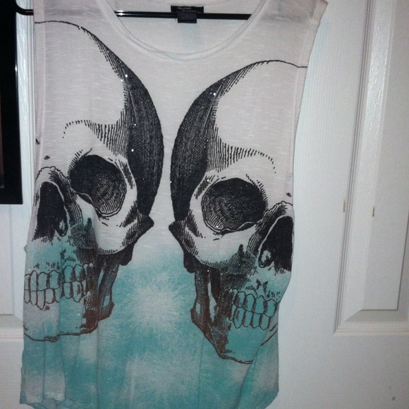 Hot Topic Tops - White/Aqua Glitter Skull Muscle Tee