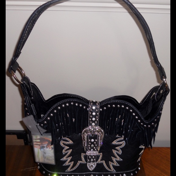 Rhinestone Belt Buckle Fringe Scalloped Handbag