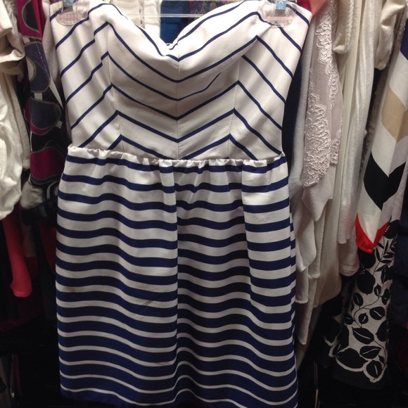 Navy and white strapless dress