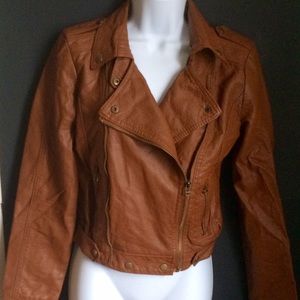 Faux Leather Tan Double Breasted Zip Up Jacket