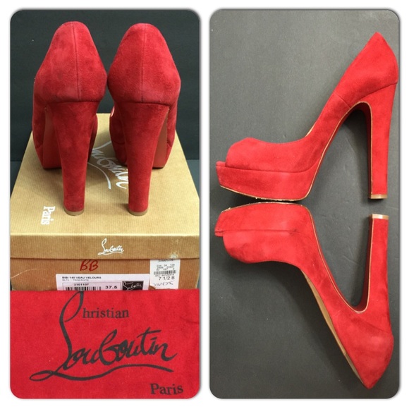 $895 CHRISTIAN LOUBOUTIN BIBI 140 VELOUR RED 37.5 - Picture 4 of 4