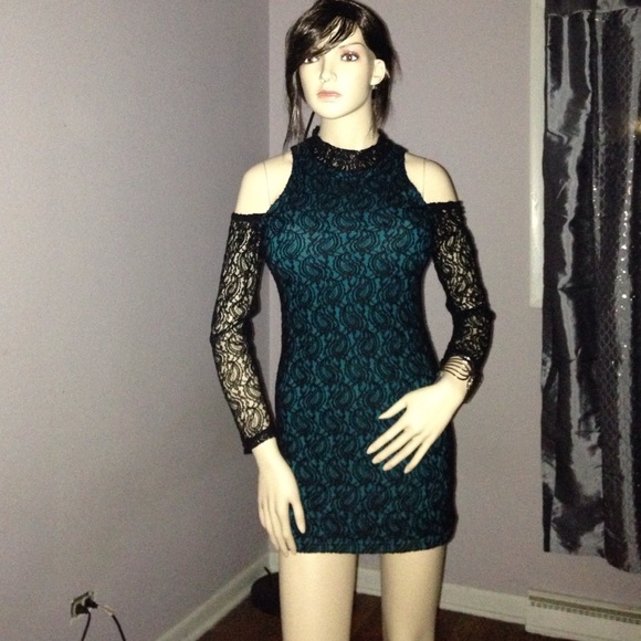 Teal with Black lace overlay off shoulder dress