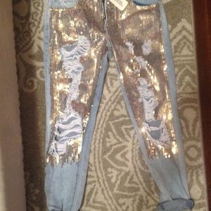 Sequin Front Denim Ripped Jean