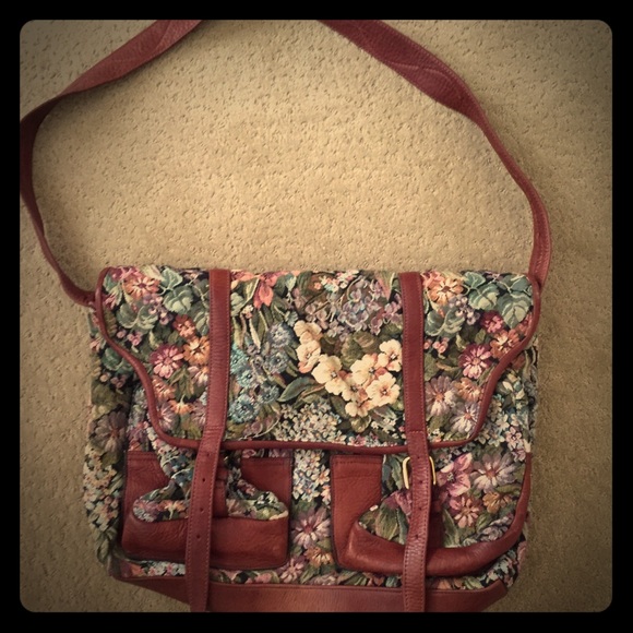 Floral brown leather messenger bag