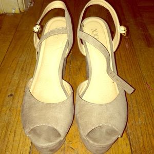 Grey suede open toed wedges